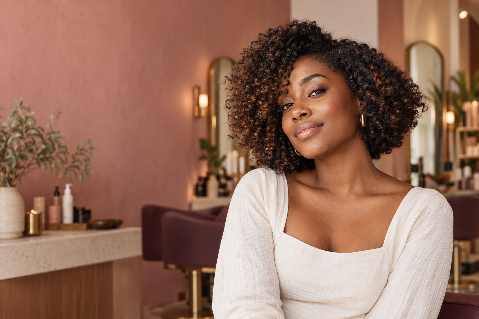 FORME Hair Studio concept portrait with natural curls in a warm rose salon setting